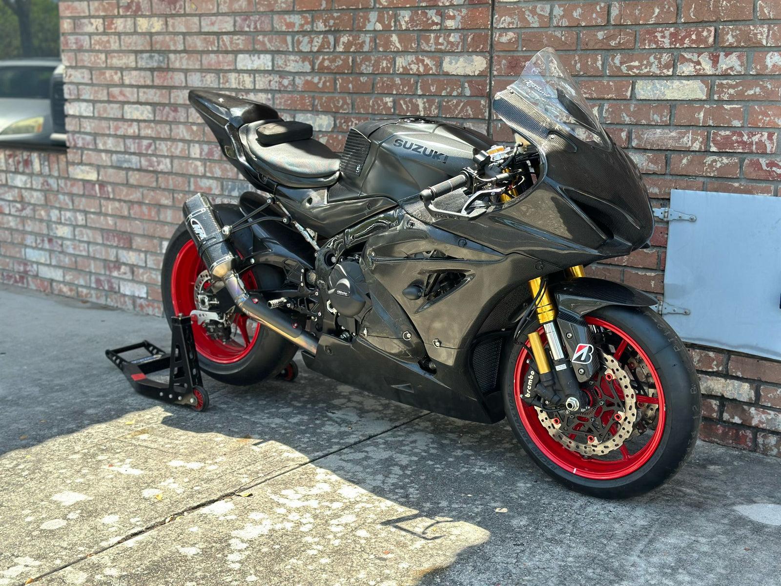 Carbon-bodied Suzuki GSX-R prepped for sale at the shop